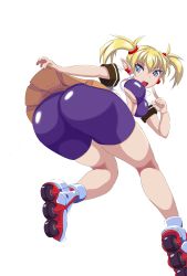 Rule 34 | 1girl, arcana heart, artist request, ass, bent over, bike shorts, blonde hair, blue eyes, breasts, clothes lift, earrings, fang, from behind, highres, huge ass, jewelry, leaning, leaning forward, lilica felchenerow, looking at viewer, medium breasts, open mouth, roller skates, school uniform, shiny clothes, shiny skin, short hair, skates, skirt, skirt hold, skirt lift, smile, solo, twintails