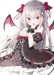 Rule 34 | 1girl, bat wings, blush, bow, breasts, chestnut mouth, commentary request, detached wings, fang, frilled skirt, frills, grey hair, grey skirt, hair between eyes, hair bow, hair ornament, hand up, highres, ikari (aor3507), looking at viewer, open mouth, original, pantyhose, plaid, plaid skirt, puffy short sleeves, puffy sleeves, red bow, red eyes, red ribbon, red wings, ribbon, shirt, short sleeves, simple background, skirt, sleeveless, sleeveless shirt, small breasts, solo, twitter username, two side up, white background, white pantyhose, white shirt, wings, wrist cuffs, x hair ornament