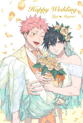 Rule 34 | 2boys, bare shoulders, black hair, blush, bouquet, bride, carrying, character name, collarbone, commentary request, couple, crossdressing, dress, dress shirt, earrings, eyelashes, facial mark, flower, formal, fushiguro megumi, green eyes, hair between eyes, happy, highres, holding, holding bouquet, husband and husband, iinikukuiita, itadori yuuji, jacket, jewelry, jujutsu kaisen, long sleeves, looking at viewer, male bride, male focus, multiple boys, necktie, off-shoulder dress, off shoulder, one eye closed, open mouth, orange eyes, orange flower, orange necktie, orange vest, parted lips, petals, pink hair, princess carry, ring, shirt, short hair, smile, spiked hair, standing, suit, undercut, vest, wedding dress, white dress, yaoi, yellow jacket