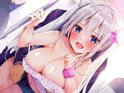 Rule 34 | 1boy, 1girl, :d, blue eyes, blush, breasts, camisole, cleavage, double bun, dutch angle, fang, finger to mouth, hair bun, hair ornament, heart, heart-shaped pupils, highres, huge breasts, long hair, looking at viewer, midriff, navel, non-web source, open mouth, open pants, original, panties, pants, purple panties, rouka (akatyann), scrunchie, short shorts, shorts, sidelocks, silver hair, skin fang, smile, solo focus, strap slip, symbol-shaped pupils, train interior, twintails, underwear, wrist scrunchie