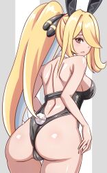 Rule 34 | 1girl, alternate costume, animal ears, asairosora, ass, back, backless leotard, bare shoulders, black leotard, blonde hair, blush, breasts, brown eyes, cameltoe, cowboy shot, creatures (company), cynthia (pokemon), detached collar, fake animal ears, fake tail, female focus, from behind, game freak, grey background, hair ornament, hair over one eye, highres, leotard, light blush, long hair, looking at viewer, looking back, medium breasts, nintendo, one eye covered, open mouth, playboy bunny, pokemon, pokemon dppt, ponytail, rabbit ears, rabbit tail, raised eyebrows, shiny skin, sidelocks, solo, standing, strapless, strapless leotard, striped, striped background, swept bangs, tail