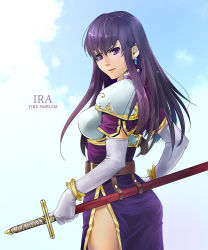 Rule 34 | &gt;:), 1girl, armor, armored dress, ayra (fire emblem), bangle, blue sky, bracelet, breastplate, character name, copyright name, cowboy shot, earrings, elbow gloves, fire emblem, fire emblem: genealogy of the holy war, from side, gloves, hand on own hip, holding, jewelry, long hair, looking at viewer, lots of jewelry, niku (amikoto), nintendo, pauldrons, purple eyes, purple hair, sheath, sheathed, short sleeves, shoulder armor, side slit, sky, solo, sword, v-shaped eyebrows, weapon, white gloves