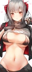 Rule 34 | 1girl, antennae, arknights, bikini, black bikini, black gloves, black jacket, blush, breasts, clothes lift, commentary request, fingerless gloves, gloves, grey scarf, grey shirt, hand up, heart, heart-shaped pupils, highres, holding, horns, jacket, large breasts, looking at viewer, nail polish, navel, open clothes, open jacket, red eyes, red nails, ruwoka, scarf, shirt, shirt lift, short hair, silver hair, simple background, solo, stomach, sweat, swimsuit, symbol-shaped pupils, upper body, w (arknights), white background
