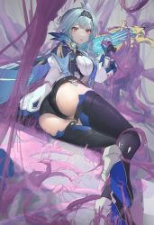 Rule 34 | 1girl, absurdres, ass, ass focus, blue eyes, eula (genshin impact), genshin impact, gloves, hairband, high heels, highres, leotard, restrained, sail (apha7775), slime (substance), solo, sword, thigh strap, thighhighs, thighs, weapon