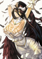 Rule 34 | 1girl, ahoge, albedo (overlord), armpits, arms up, bare shoulders, black hair, black wings, breasts, cleavage, cowboy shot, demon girl, demon horns, dress, elbow gloves, eyelashes, feathers, female focus, gloves, hair between eyes, horns, jewelry, large breasts, long hair, looking at viewer, low wings, off-shoulder dress, off shoulder, overlord (maruyama), parted lips, riko (ccllnnhh), simple background, solo, very long hair, white background, white dress, white gloves, wings, yellow eyes