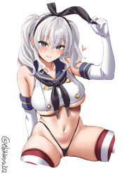 Rule 34 | 1girl, arm up, black hairband, black neckerchief, black panties, blue eyes, blue sailor collar, blush, breasts, closed mouth, collarbone, cosplay, crop top, cropped legs, ebifurya, elbow gloves, gloves, grey hair, hair between eyes, hairband, heart, highleg, highleg panties, highres, kantai collection, kashima (kancolle), large breasts, long bangs, long hair, looking at viewer, navel, neckerchief, one-hour drawing challenge, panties, red thighhighs, sailor collar, shimakaze (kancolle), shimakaze (kancolle) (cosplay), shirt, simple background, sleeveless, sleeveless shirt, smile, solo, spread legs, striped clothes, striped thighhighs, thighhighs, thighs, twintails, twitter username, underboob, underwear, white background, white gloves, white shirt, white thighhighs