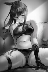 Rule 34 | 1girl, absurdres, bikini, blush, closed mouth, commentary request, gluteal fold, greyscale, gridman universe, hair ribbon, halterneck, high ponytail, highres, long hair, looking at viewer, monochrome, navel, partial commentary, ribbon, signature, sitting, solo, spread legs, ssss.gridman, swimsuit, takarada rikka, takarada rikka (solarain toys), thighs, yujin (kanouyuuto-0423)