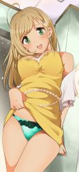 Rule 34 | 1girl, 216 zig, ahoge, bare shoulders, blonde hair, blush, breasts, clothes lift, commentary request, dress, dress lift, earrings, green eyes, green panties, hair ornament, hairclip, head tilt, highres, hip focus, idolmaster, idolmaster cinderella girls, indoors, jewelry, large breasts, long hair, looking at viewer, necklace, open mouth, panties, pearl necklace, sato shin, solo, sweatdrop, swept bangs, thighs, underwear, yellow dress