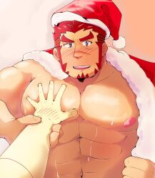 Rule 34 | 2boys, abs, akashi (live a hero), bara, bare pectorals, body blush, facial hair, goatee, guided pectoral grab, hat, highres, kaeru333938123, large pectorals, live a hero, long sideburns, male focus, multiple boys, muscular, muscular male, navel, nipples, pectoral press, pectorals, pov, pov hands, red eyes, red hair, santa costume, santa hat, scar, scar on face, scar on nose, short hair, sideburns, smile, solo focus, strongman waist, sweat, thick eyebrows, uneven eyes, upper body, yaoi