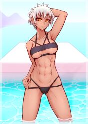 Rule 34 | 1girl, abs, absurdres, armpits, bad tag, bare shoulders, blue sky, border, breasts, cloud, cloudy sky, collarbone, commentary, deadslot4, english commentary, expressionless, fingernails, gluteal fold, gradient background, gradient border, hand on own hip, highres, horizon, in water, long neck, looking at viewer, medium breasts, mountain, mountainous horizon, navel, ocean, orange eyes, original, pixie cut, presenting armpit, reflection, reflective water, ribs, shiny skin, short hair, skinny, sky, spiked hair, swimsuit, tan, tomboy, two-tone eyes, underboob, vaporwave, white border, white hair, yellow eyes