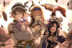 Rule 34 | 1boy, 3girls, baby, black hair, blonde hair, blue hairband, bound, breasts, brown hair, cleavage, double v, dress, enyo (granblue fantasy), fingernails, gloves, gran (granblue fantasy), granblue fantasy, hair over one eye, hairband, hat, highres, holding, hood, iatromantis (granblue fantasy), lich (granblue fantasy), lich (halloween) (granblue fantasy), looking at viewer, medium breasts, multiple girls, nail polish, niyon (granblue fantasy), nos, pacifier, purple hair, sharp fingernails, smile, spinning, tied up (nonsexual), torn clothes, tsuchinoko, v