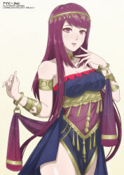 Rule 34 | 1girl, absurdres, alternate costume, ancient greek clothes, armlet, bare shoulders, bracelet, breasts, cleavage, dancer, dancer (fire emblem: three houses), dress, fire emblem, fire emblem engage, greco-roman clothes, highres, ivy (fire emblem), jewelry, large breasts, long hair, looking at viewer, mole, nintendo, purple eyes, purple hair, simple background, single-shoulder dress, solo, tak0baka