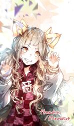 Rule 34 | 1girl, animal ears, blonde hair, blunt bangs, blush, character name, english text, grin, happy, highres, hood, hood down, ill games22, jacket, looking at viewer, low twintails, open mouth, orange eyes, red riding hood (sinoalice), sinoalice, smile, solo, teeth, twintails, wavy hair