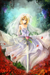 Rule 34 | 1girl, absurdres, ahoge, alternate costume, artoria pendragon (all), artoria pendragon (fate), blonde hair, blue eyes, bridal veil, bride, caliburn (fate), dress, elbow gloves, fate/stay night, fate (series), gloves, highres, planted, planted sword, planted weapon, saber (fate), solo, summercards, sword, veil, weapon, wedding dress