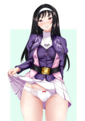 Rule 34 | 1girl, absurdres, belt, black belt, black eyes, black hair, blush, bow, bow panties, closed mouth, clothes lift, commentary request, commission, cowboy shot, frown, gluteal fold, groin, hairband, half-closed eyes, high collar, highres, jacket, juliet sleeves, kyouryuu sentai zyuranger, lifted by self, long hair, long sleeves, looking at viewer, miniskirt, pandacross, panties, partial commentary, pixiv commission, pleated skirt, ptera ranger, puffy sleeves, purple jacket, purple vest, shirt, skirt, skirt lift, solo, standing, super sentai, sweat, sweatdrop, underwear, vest, white hairband, white panties, white shirt, white skirt