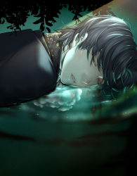 Rule 34 | 1boy, bieshuohuaaiwo, black hair, chinese commentary, commentary request, dark, emlyn white, lips, lord of the mysteries, lying on water, night, outdoors, parted lips, plant, red eyes, reflection, reflective water, ripples, sleeping, solo, teeth, water