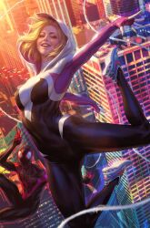 Rule 34 | 1boy, 1girl, blonde hair, bodysuit, breasts, building, city, gwen stacy, highres, marvel, mask, midair, official art, shoes, silk, smile, sneakers, spider-gwen, spider-man (miles morales), spider-man (series), spider web, spider web print, spidersona, stanley lau, superhero costume, toned, two-tone bodysuit, v
