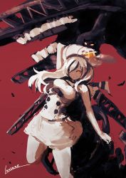 Rule 34 | 10s, 1girl, abyssal ship, beret, breasts, colored skin, dress, hair over one eye, hat, kantai collection, lansane, long hair, pantyhose, red background, seaplane tender water princess, simple background, solo, white dress, white hair, white pantyhose, white skin, yellow eyes