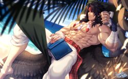 Rule 34 | 1boy, abs, bandages, bara, beach, black hair, book, brown wings, come hither, covering crotch, covering privates, crescentia fortuna, cup, feather necklace, feathered wings, fire emblem, fire emblem: radiant dawn, foot out of frame, from side, headband, holding, holding book, jewelry, large pectorals, looking at viewer, male focus, muscular, muscular male, navel, necklace, nintendo, nipples, pectorals, pointy ears, scar, seductive smile, smile, solo, stomach, thick eyebrows, thick thighs, thighs, tibarn (fire emblem), topless male, wings, yellow eyes