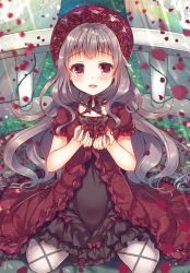 Rule 34 | 1girl, :d, black bow, blush, bonnet, bow, brown hair, commentary request, curtains, flower, hat, holding, holding flower, lolita fashion, long hair, looking at viewer, open mouth, original, petals, plant, puffy short sleeves, puffy sleeves, red bow, red eyes, red flower, red hat, red rose, rose, rose petals, short sleeves, sitting, smile, solo, suzunone rena, transparent, very long hair, vines, wariza
