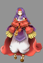 Rule 34 | 1girl, bare shoulders, bow, cape, fire emblem, fire emblem: radiant dawn, full body, grey background, headband, hekichino toaru, long sleeves, looking at viewer, nintendo, oversized clothes, purple hair, red bow, red cape, red headband, robe, sanaki kirsch altina, sleeves past fingers, sleeves past wrists, smile, solo, wide sleeves, yellow eyes