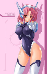 Rule 34 | 1girl, blush, bodysuit, breasts, crueltear, elbow gloves, covered erect nipples, gloves, large breasts, latex, leotard, mecha musume, pink hair, short hair, shujin, solo, trigger heart exelica