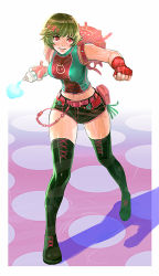Rule 34 | 1girl, backpack, bad id, bad pixiv id, bag, bare shoulders, boots, fingerless gloves, gloves, green hair, hair ornament, hairclip, hip focus, kilart, midriff, original, randoseru, red eyes, short hair, shorts, solo, spray can, thick thighs, thigh boots, thighhighs, thighs, wide hips