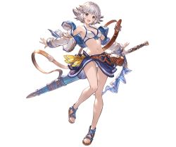 Rule 34 | 1girl, armpits, bare shoulders, belt pouch, bikini, bikini skirt, blue eyes, breasts, cleavage, collarbone, detached sleeves, farrah (granblue fantasy), flipped hair, full body, granblue fantasy, jacket, leg up, long sleeves, looking at viewer, medium breasts, minaba hideo, navel, off shoulder, official art, open clothes, open jacket, outstretched arms, pouch, sandals, short hair, silver hair, smile, solo, spread arms, standing, swimsuit, sword, transparent background, weapon