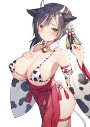 Rule 34 | 1girl, alexmaster, animal ears, animal print, areola slip, bare shoulders, bell, bikini, bikini top only, black hair, blonde hair, blush, breasts, chinese zodiac, cleavage, closed mouth, covered erect nipples, cow ears, cow girl, cow horns, cow print, cow tail, cowboy shot, detached collar, detached sleeves, flower, hair flower, hair ornament, hakama, hakama skirt, hand on own chest, hand up, horns, japanese clothes, jingle bell, large breasts, long hair, long sleeves, looking at viewer, low twintails, multicolored hair, original, print bikini, red hakama, short twintails, simple background, skirt, smile, solo, streaked hair, swept bangs, swimsuit, tail, tassel, thigh strap, twintails, white background, white bikini, white hair, wide sleeves, year of the ox
