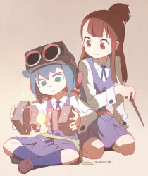 Rule 34 | 10s, 2015, 2girls, blue hair, blue legwear, brown eyes, brown hair, brown legwear, constanze amalie von braunschbank-albrechtsberger, dated, full body, goggles, goggles on head, green eyes, indian style, kagari atsuko, kneehighs, kneeling, little witch academia, loafers, long hair, magic, multiple girls, nagian, no pupils, one side up, ponytail, school uniform, seiza, shoes, short hair, sitting, skirt, socks