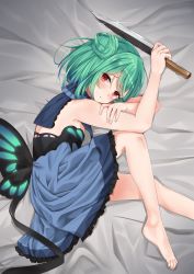 Rule 34 | 1girl, animal print, bare arms, bare shoulders, barefoot, bed sheet, blue dress, blush, bow, butterfly print, detached collar, double bun, dress, dress bow, fetal position, flat chest, frilled dress, frills, green hair, hair bun, highres, holding, holding knife, hololive, knife, looking at viewer, lying, medium hair, micon, no detached sleeves, on side, red eyes, short dress, solo, strapless, strapless dress, uruha rushia, uruha rushia (1st costume), virtual youtuber