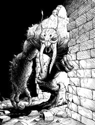 Rule 34 | broken wall, claws, compound eyes, debris, greyscale, highres, horror (theme), looking at viewer, monochrome, monster, no humans, original, y naf