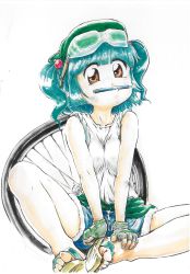 Rule 34 | 1girl, absurdres, butterfly sitting, casual, female focus, fingerless gloves, gloves, goggles, hands on feet, highres, kawashiro nitori, mouth hold, pencil, pencil as mustache, sandals, shorts, simple background, sitting, solo, stufquin, tire, toes, touhou, two side up