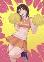 1girl black_hair black_socks chainsaw_man cheerleader confetti crop_top green_eyes highres leg_up looking_at_viewer low-tied_sidelocks mifune_fumiko navel open_mouth orange_shirt orange_skirt pom_pom_(cheerleading) saydens shirt skirt socks solo