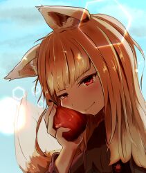 Rule 34 | 1girl, animal ears, apple, blush, brown hair, choko bike, closed mouth, fang, food, fruit, head rest, highres, holding, holding food, holding fruit, holo, lens flare, long hair, long sleeves, portrait, red eyes, solo, spice and wolf, tail, wolf ears, wolf girl, wolf tail