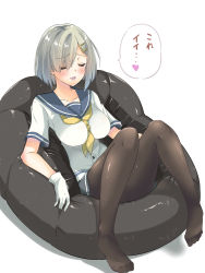 Rule 34 | 10s, 1girl, black pantyhose, blouse, breasts, couch, gloves, hair ornament, hairclip, hamakaze (kancolle), highres, kantai collection, large breasts, neckerchief, pantyhose, pleated skirt, sarfata, school uniform, serafuku, shirt, short hair, silver hair, sitting, skirt, solo, white gloves, yellow neckerchief