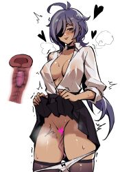 Rule 34 | 1girl, :3, antenna hair, black choker, black skirt, black thighhighs, blush, bow, bow panties, breasts, breath, censored, choker, closed mouth, clothes lift, collared shirt, covered erect nipples, cowboy shot, cross-section, dark-skinned female, dark skin, egg vibrator, eyepatch, female focus, female masturbation, flashing, genderswap, genderswap (mtf), genshin impact, groin, half-closed eyes, hands up, happy, heart, heart censor, highres, kaeya (genshin impact), large breasts, lifted by self, long hair, long sleeves, looking at viewer, masturbation, matching hair/eyes, miniskirt, motion blur, nipples, no bra, object insertion, one eye covered, open clothes, open shirt, panties, panty pull, pleated skirt, purple eyes, purple hair, pussy juice, remote control vibrator, sabakuyoru, school uniform, see-through, see-through shirt, sex toy, shiny skin, shirt, shirt tucked in, sidelocks, simple background, sketch, skindentation, skirt, skirt lift, smile, solo, standing, steam, steaming body, sweat, thighhighs, thighs, tongue, tongue out, trembling, underwear, vaginal, vaginal object insertion, vibrator, vibrator cord, white background, white panties, white shirt
