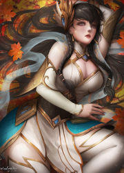Rule 34 | 1girl, arm up, armor, bare shoulders, black hair, blue eyes, blush, braid, breasts, cleavage, dated, detached sleeves, divine sword irelia, earrings, hair ornament, hair over shoulder, head on arm, highres, irelia, jewelry, large breasts, league of legends, long hair, long sleeves, looking at viewer, lying, on side, open mouth, red lips, sidelocks, signature, solo, thighhighs, turewindwalker, twin braids, very long hair, weapon, white thighhighs