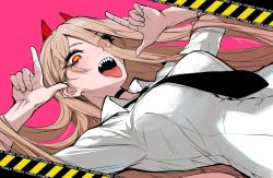 Rule 34 | + +, 1girl, black choker, black necktie, breasts, chainsaw man, character name, choker, cross-shaped pupils, eyes visible through hair, fingernails, horns, j.k., long sleeves, looking at viewer, medium breasts, necktie, open mouth, pink background, power (chainsaw man), red horns, sharp teeth, shirt, simple background, solo, symbol-shaped pupils, teeth, tongue, tongue out, upper teeth only, white shirt, yellow eyes