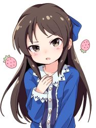 Rule 34 | 1girl, blue bow, blue dress, blush, bow, breasts, brown eyes, collarbone, dress, food, fruit, hair bow, hand up, head tilt, idolmaster, idolmaster cinderella girls, long hair, long sleeves, looking at viewer, parted lips, simple background, sleeves past wrists, solo, strawberry, tachibana arisu, tadanoshi kabane, v-shaped eyebrows, very long hair, white background