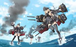 Rule 34 | 10s, 4girls, absurdres, anti-aircraft, anti-aircraft gun, bare shoulders, bismarck (kancolle), black panties, blonde hair, blue eyes, blue sky, blurry, blush, breasts, brown eyes, brown gloves, brown hair, camouflage, cloud, cross, day, depth of field, detached sleeves, falling, fire, gloves, grey legwear, hand on own head, hat, highres, holding, iron cross, kantai collection, large breasts, leg up, long hair, long sleeves, machinery, military, military uniform, miniskirt, multiple girls, open mouth, outdoors, panties, peaked cap, pleated skirt, prinz eugen (kancolle), remodel (kantai collection), running, sailor collar, sailor hat, short hair, silver hair, skirt, sky, smoke, standing, standing on liquid, takakiyo, thighhighs, turret, twintails, underwear, uniform, unworn hat, unworn headwear, walking, walking on liquid, water, white gloves, white panties, white skirt, z1 leberecht maass (kancolle), z3 max schultz (kancolle)