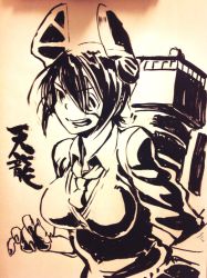 Rule 34 | 10s, 1girl, breasts, cardigan, eyepatch, headgear, ink (medium), kanemaki thomas, kantai collection, large breasts, monochrome, personification, short hair, solo, tenryuu (kancolle), traditional media