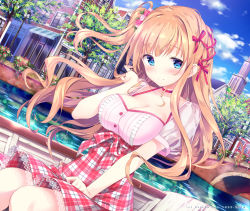 Rule 34 | 1girl, blue eyes, blue sky, blush, boat, bow, braid, breasts, bridge, building, choker, cleavage, closed mouth, cloud, collarbone, day, flower, hair bow, hair flower, hair ornament, hair ribbon, hand on lap, hand up, high-waist skirt, highres, kimishima ao, lace, lace-trim, lace-trimmed choker, lace-trimmed skirt, lace trim, lamppost, large breasts, light brown hair, long hair, looking at viewer, one side up, original, outdoors, pink choker, pink flower, pink rose, pink shirt, plaid, plaid bow, plaid skirt, puffy short sleeves, puffy sleeves, red bow, red flower, red ribbon, red rose, ribbon, river, rose, saijo melia, shirt, short sleeves, sitting, skirt, sky, smile, solo, tower, tree, very long hair, water, watercraft