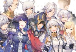Rule 34 | 4girls, 5boys, 5girls, :d, ahoge, akizone, animal ears, au ra, bare shoulders, black gloves, black hair, blonde hair, blue hair, breasts, brown hair, bruise, bruise on face, cheeze (akizone), closed eyes, collarbone, commentary, crystal exarch, dress, elezen, elf, english commentary, facial mark, final fantasy, final fantasy xiv, g&#039;raha tia, g'raha tia, gloves, grin, happy, highres, injury, jacket, long hair, long sleeves, material growth, medium breasts, medium hair, miqo&#039;te, multiple boys, multiple girls, open mouth, original, parted bangs, pointy ears, renz (rirene rn), scales, short hair, smile, warrior of light (ff14), white dress, white eyes, white hair, white jacket, yellow eyes