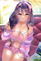 Rule 34 | 1girl, absurdres, breasts, computer, couch, day, earphones, hair ornament, highres, jacket, laptop, large breasts, light blush, long hair, lua asuka, on couch, pajamas, plant, production kawaii, purple hair, ribbon, seta makoto, shorts, smile, virtual youtuber, yellow eyes
