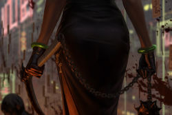 Rule 34 | 1girl, 1other, ass, black dress, black gloves, blood, blood splatter, blurry, blurry background, building, chain, close-up, corpse, depth of field, dress, facing away, gloves, guweiz, highres, holding, holding weapon, indoors, kusarigama, lower body, neon lights, original, sickle, side slit, solo focus, spike ball, weapon, window