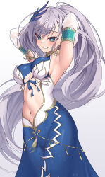 Rule 34 | 1girl, armpits, blue eyes, blush, braid, braided bangs, breasts, earrings, feather hair ornament, feathers, grey hair, grin, hair ornament, highres, hololive, hololive indonesia, jewelry, long hair, medium breasts, navel, pavolia reine, pavolia reine (1st costume), smile, solo, teeth, virtual youtuber, white background, z.m. (zimin)