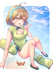 Rule 34 | 1girl, 1other, ahoge, alternate costume, arm support, bandaid, bandaid on face, beach, blue hairband, blush, breasts, brown eyes, brown hair, china dress, chinese clothes, cleavage, cleavage cutout, clothing cutout, commentary request, crab, crab on head, dress, full body, green dress, hair between eyes, hairband, ittokyu, kantai collection, looking at viewer, looking up, medium breasts, oboro (kancolle), open mouth, pelvic curtain, short hair, side slit, sitting, solo, v, water
