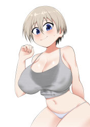 Rule 34 | arm behind back, blue eyes, breasts, cleavage, closed mouth, eqe (eqeart), grey hair, hand up, highres, huge breasts, looking at viewer, navel, panties, short hair, simple background, smile, sweat, sweaty clothes, tank top, underwear, uzaki-chan wa asobitai!, uzaki hana, white background, white panties