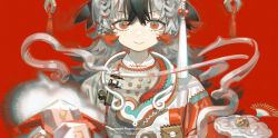 Rule 34 | animal ears, arknights, black hair, clamps, collar, english text, multicolored hair, norizc, red background, red eyes, short twintails, simple background, snowsant (arknights), solo, twintails, two-tone hair, white hair